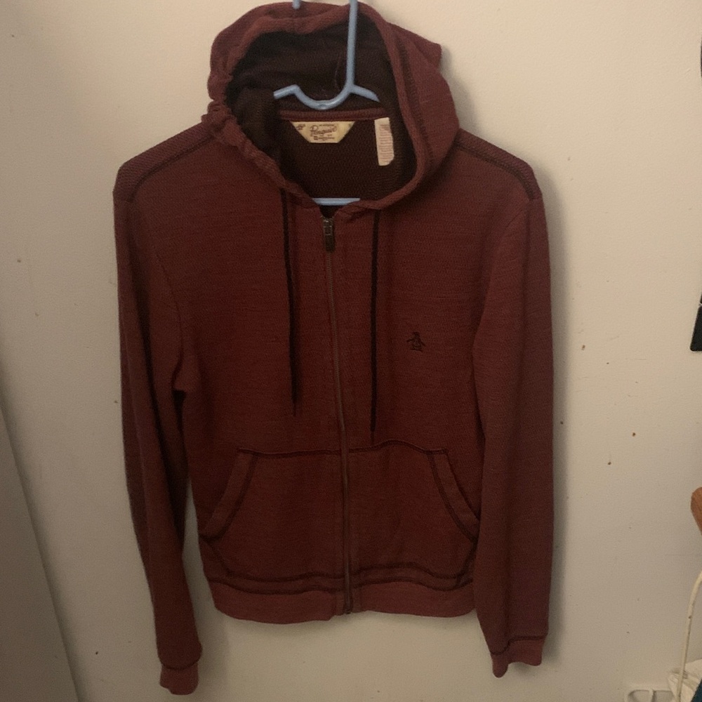 Gorgeous Original Penguin Textured Full Zip Burgundy Hoodie Sweater SZ Small🔥🔥🔥